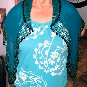 VINTAGE TRIANGLE CHIFFON EDGE BEADED WRAP SCARF Teal and Black Women's shawl